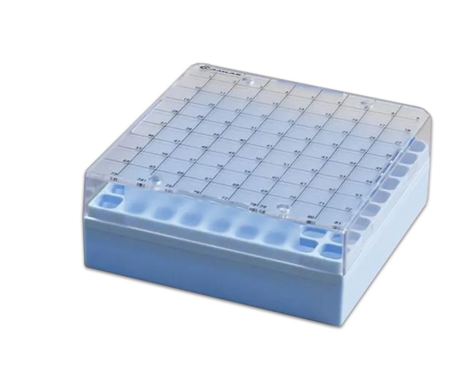 81 Place Polycarbonate Cryo Box fixed rack, 132 x 132. Blue. Pack of 5