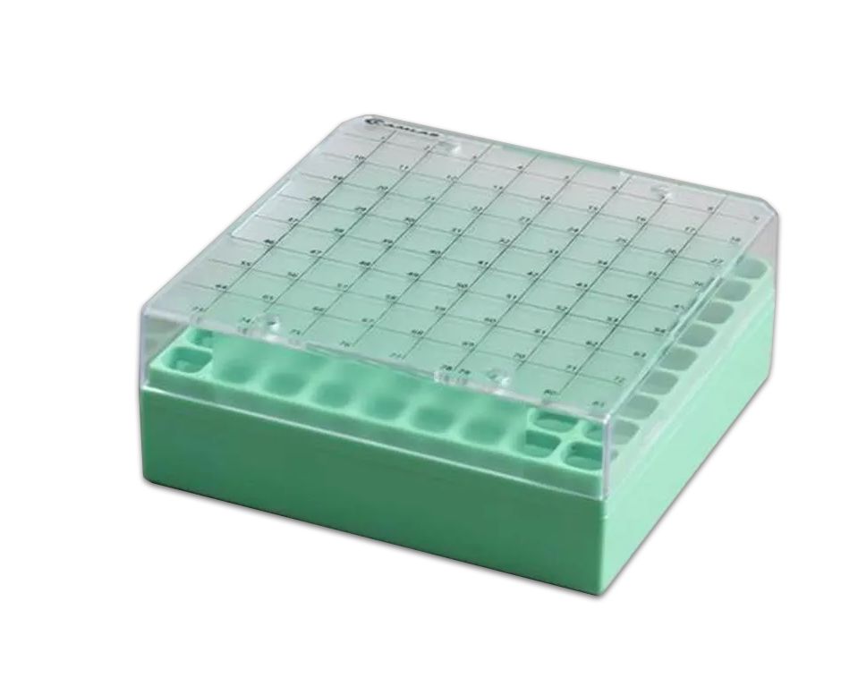 81 Place Polycarbonate Cryo Box fixed rack, 132 x 132. Green. Pack of 5