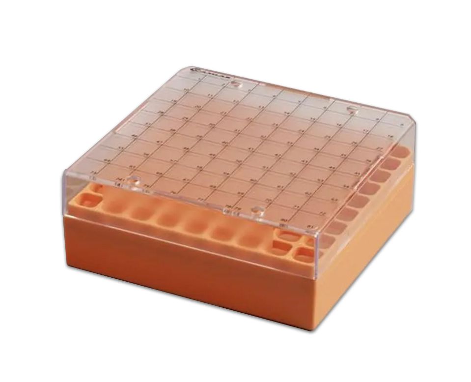 81 Place Polycarbonate Cryo Box fixed rack, 132 x 132. Orange. Pack of 5