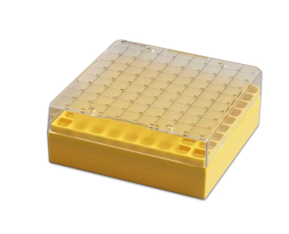 81 Place Polycarbonate Cryo Box fixed rack, 132 x 132. Yellow. Pack of 5