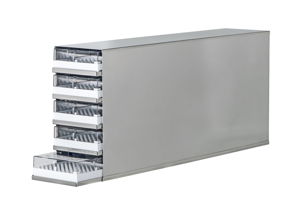 Stainless steel rack with 5 trays to hold 2" boxes