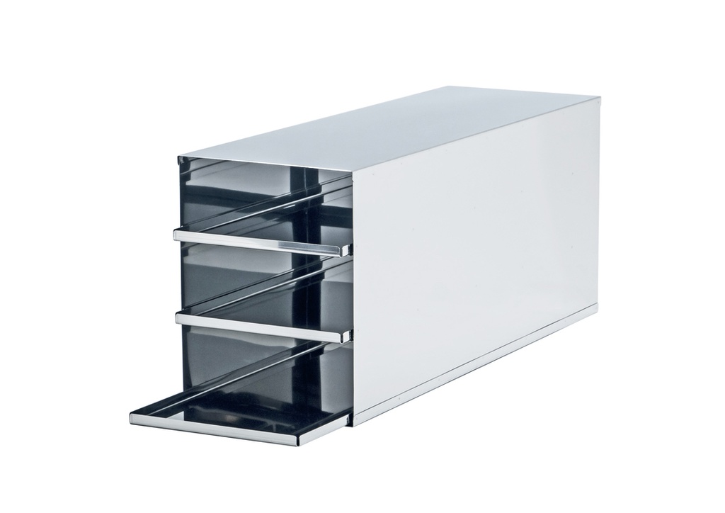 Stainless steel rack with 3 trays to hold 3” boxes