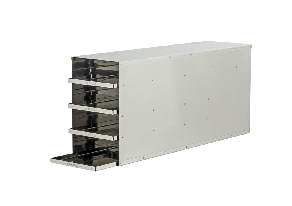 Stainless steel rack with 4 trays to hold 2" boxes