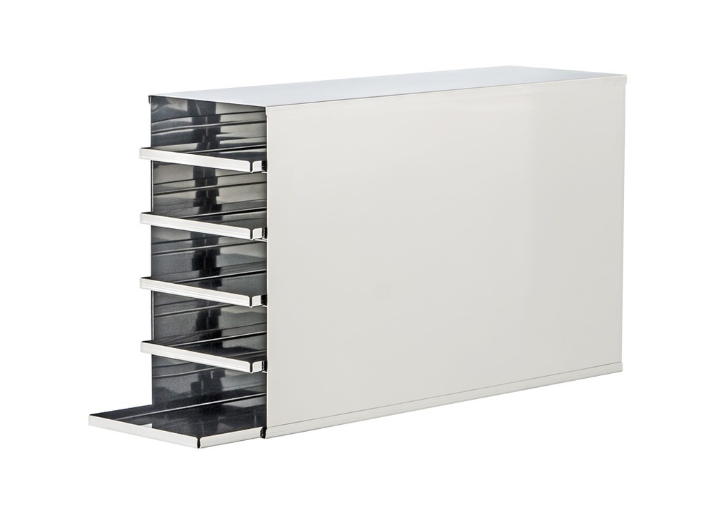 Stainless steel rack with 5 trays to hold 2" boxes