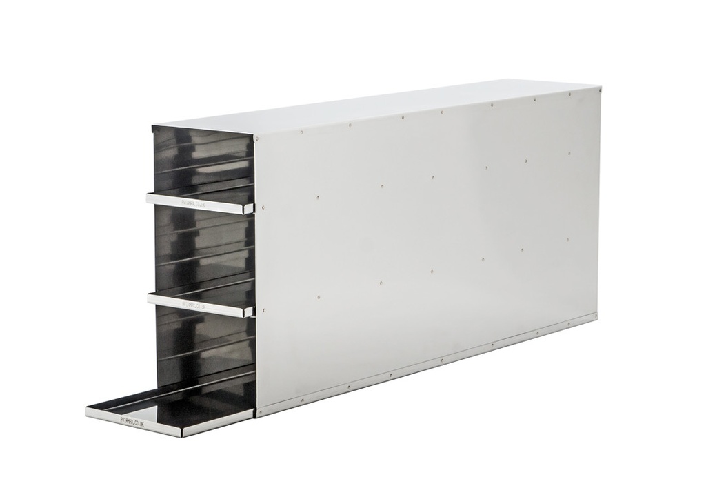 Stainless steel rack with 3 trays to hold 3” boxes