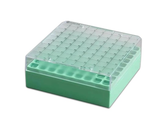 [PCB-81-G] 81 Place Polycarbonate Cryo Box fixed rack, 132 x 132. Green. Pack of 5