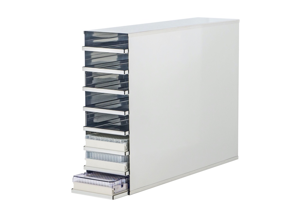 Stainless steel rack with 8 trays to hold 2" boxes