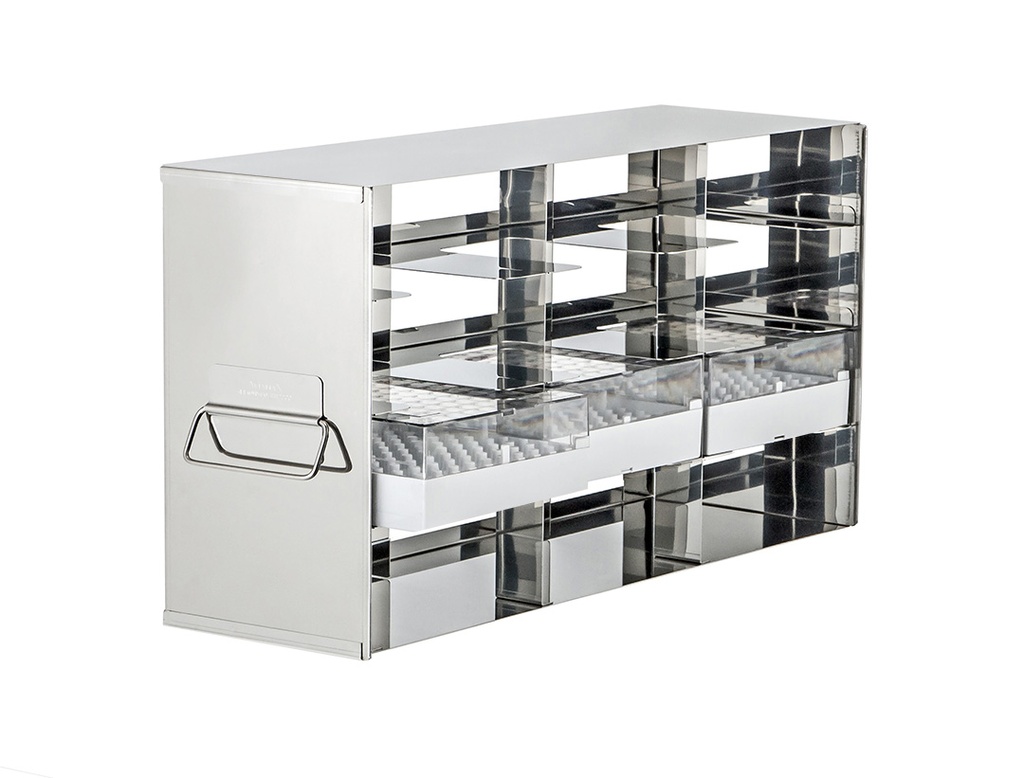 Stainless steel side access rack to hold 2” cryo boxes