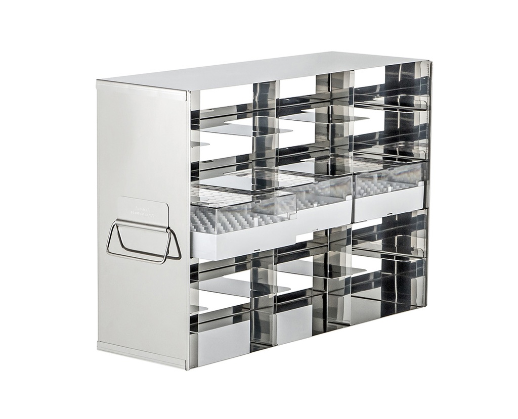 Stainless steel side access rack to hold 2” cryo boxes