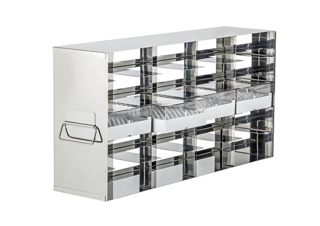 Stainless steel side access rack to hold 2” cryo boxes