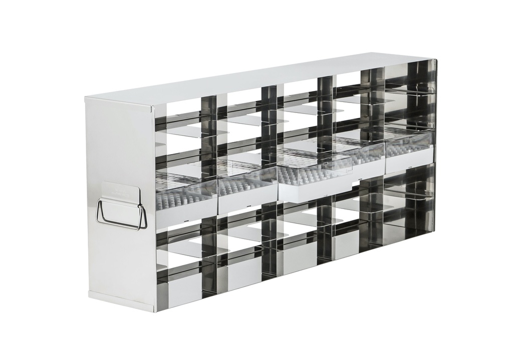 Stainless steel side access rack to hold 2” cryo boxes