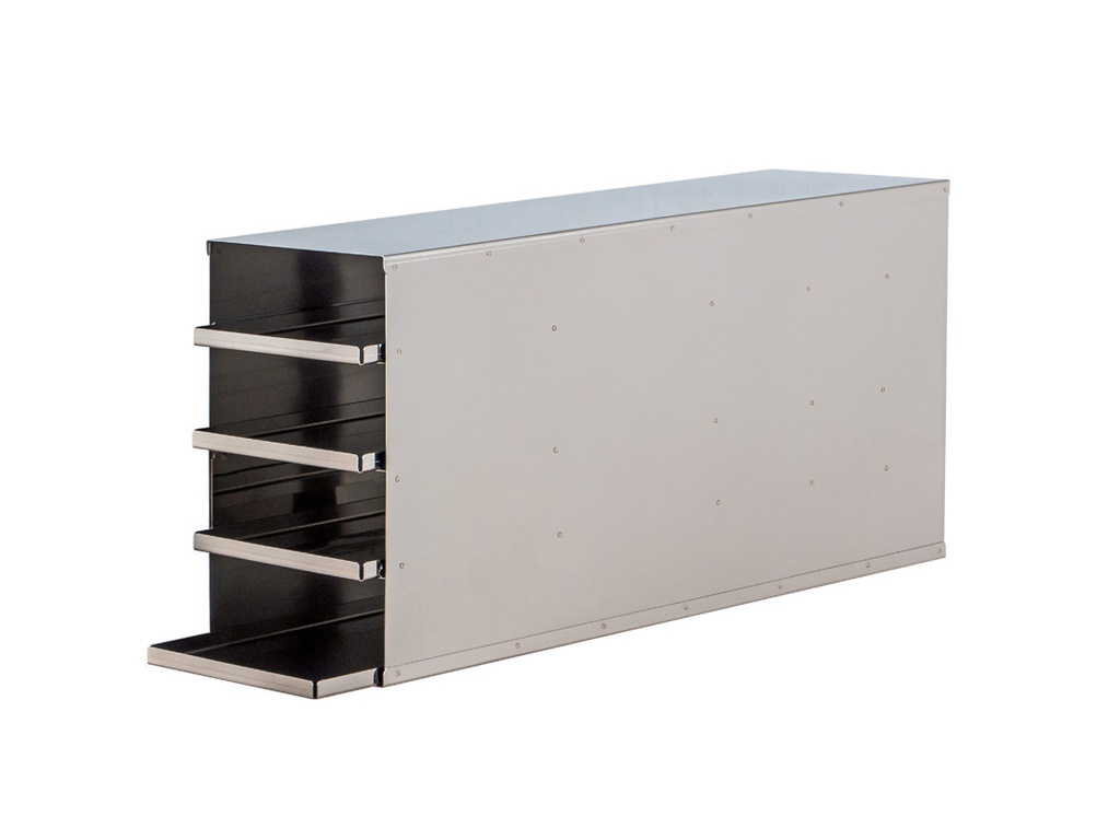 Stainless steel rack with 4 trays to hold 3” boxes