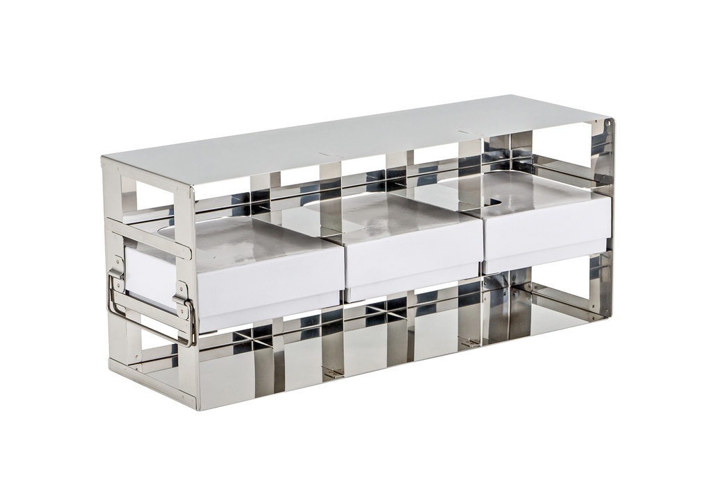 Stainless steel side access rack to hold 3” cryo boxes