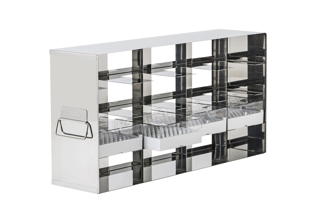 Stainless steel side access rack to hold 4” cryo boxes
