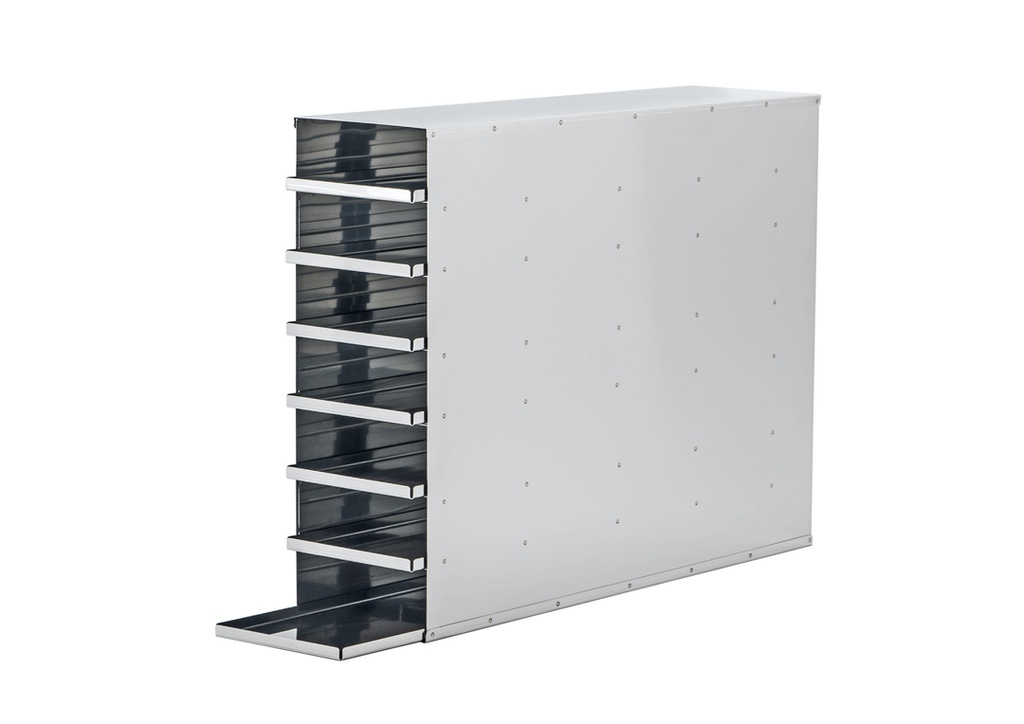 Stainless steel rack with 7 trays to hold 2" boxes