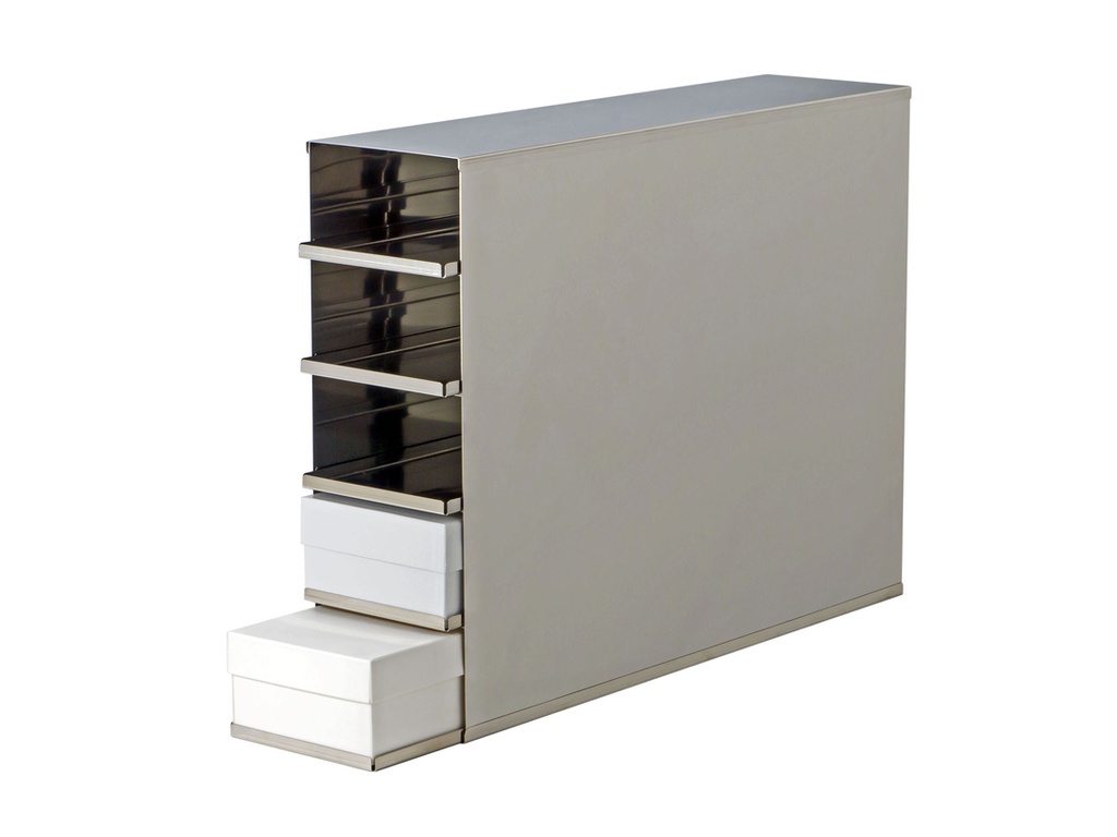 Stainless steel rack with 5 trays to hold 3” boxes