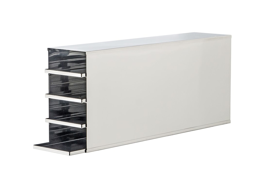 Stainless steel rack with 4 trays to hold 4” boxes